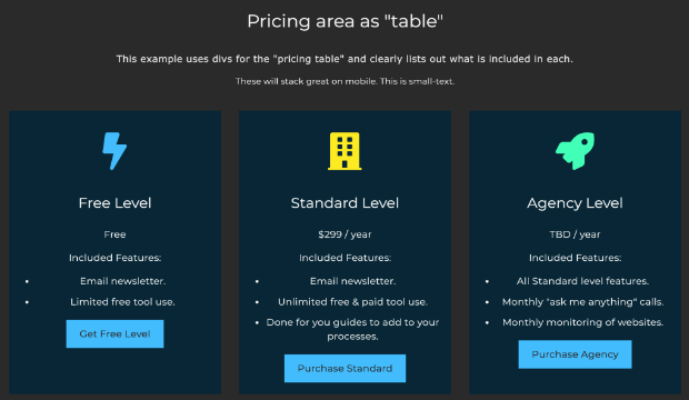 pricing table sample