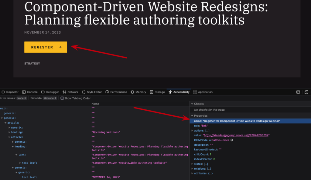 Screenshot of a website with the inspect tab open. Arrow pointing to a button that says Register and another arrow pointing to the inspect tab "name: Register for Component Driven Website Redesign Webinar."