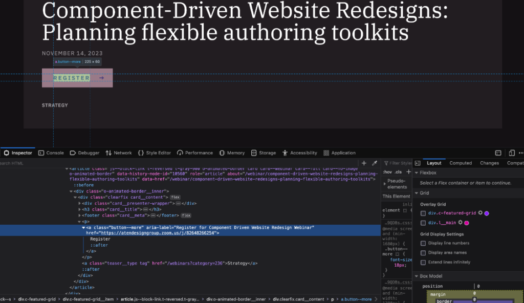 Screenshot of a website with the inspect tab open. Highlighting the use of aria-label for the register button. aria-label reads "Register for component driven website redesign webinar."