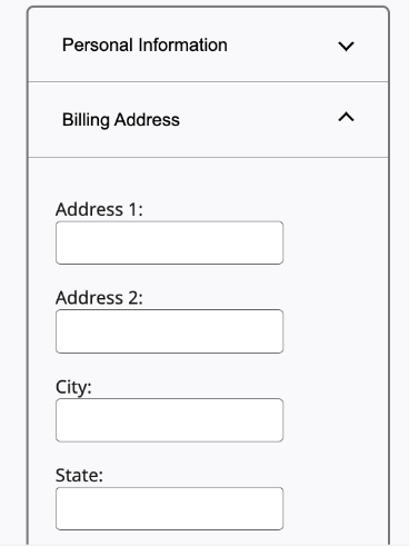 Accordion: "Personal Information," which is closed, and "Billing Address," which is open and contains a form.