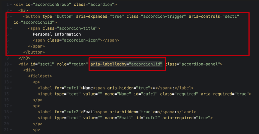 code highlighting the use of aria-labelledby in the accordion