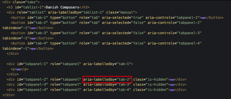 code highlighting the use of aria-labelledby in the tabs menu