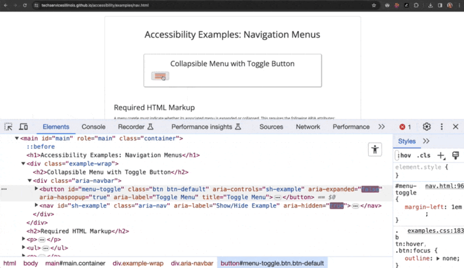 screenshot of code using aria-expanded