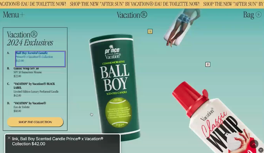 screenshot of a catalog section on a website. description of the items are shown on the left and the products are scattered.