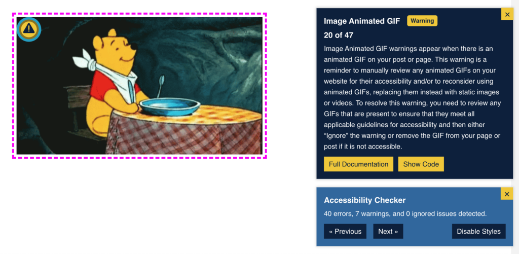 A GIF of Winnie the Pooh with a pink dotted box around it, and a warning icon in the top left corner. Next to it, on the right, is the Accessibility Checker box with an explanation of the Animated GIF warning.
