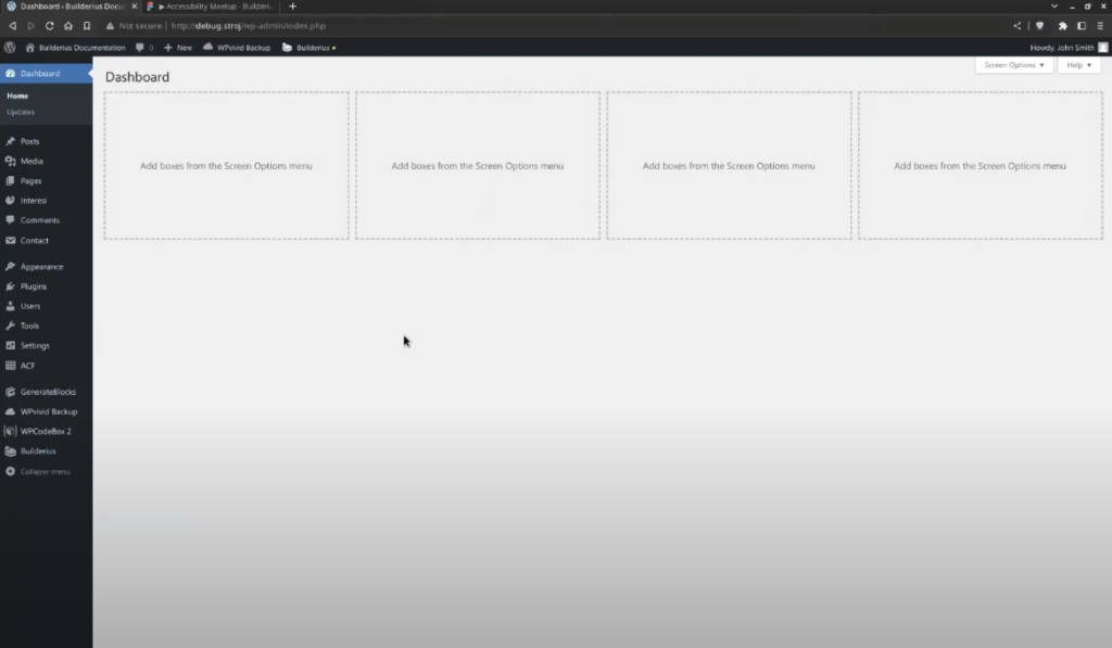 Screenshot of the back-end of a WordPress website using Builderius.