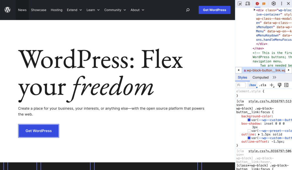 WordPress home page with a visible focus indicator around a blue "Get WordPress" button with the inspector open showing the CSS styles for the focus state.