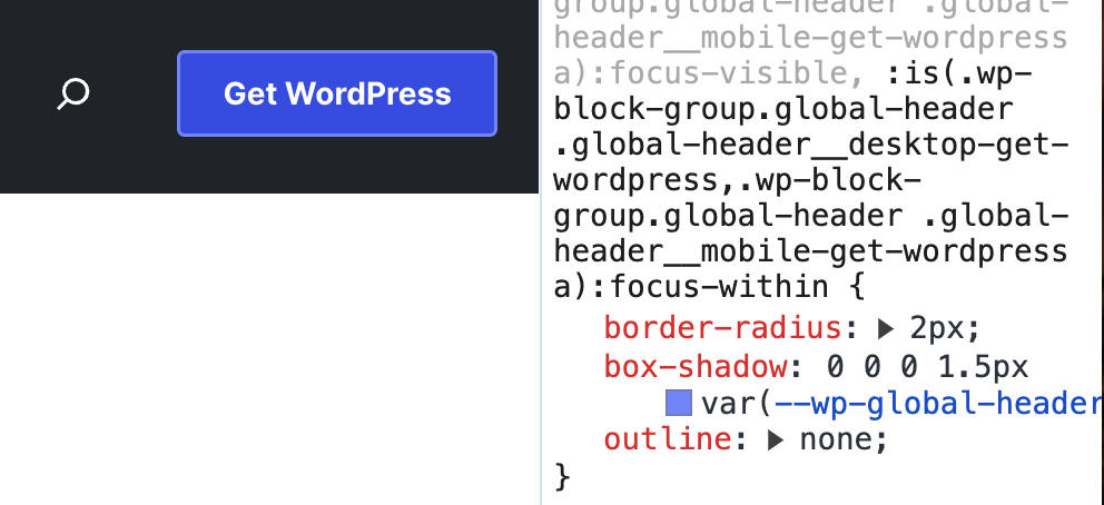 Get WordPress button in the WordPress.org header with the code inspector open showing CSS described following image.