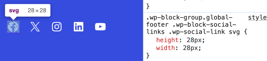 Screenshot of social links in the WordPress.org footer and dev tools inspector showing they are 28px by 28px.