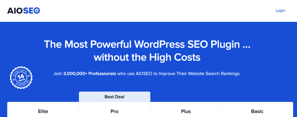 Top of the AIO SEO pricing page which doesn't have a navigation menu. 