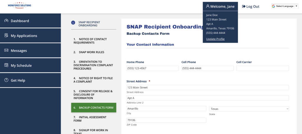 Screenshot of the SNAP Recipient Onboarding Backup Contact Form in the Workforce Solution Panhandle portal, showing the user has an address and phone number saved on their profile and it has been pre-populated in the form.