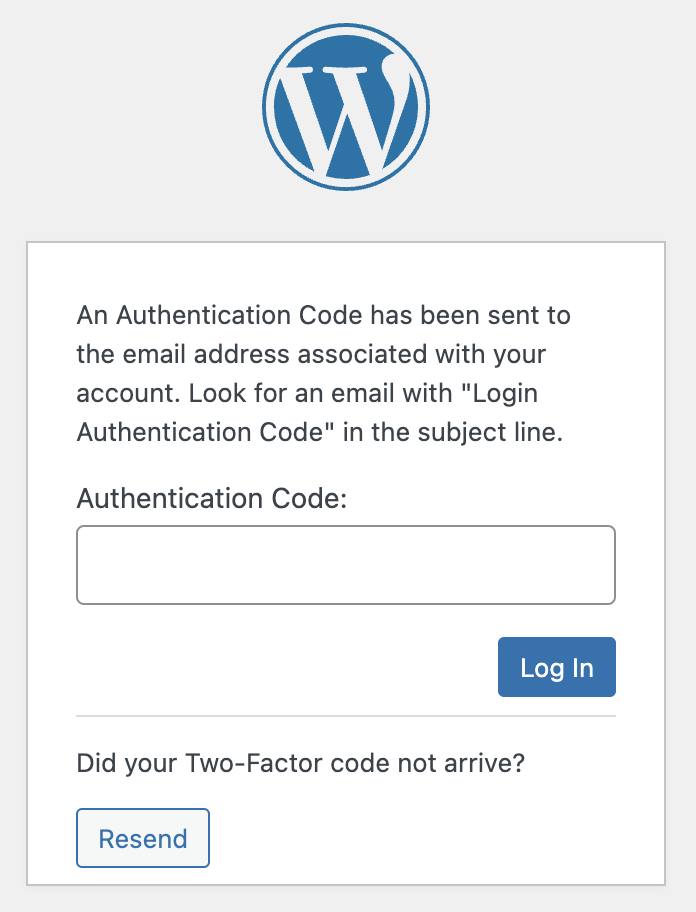 WordPress login form showing an Authentication Code field.