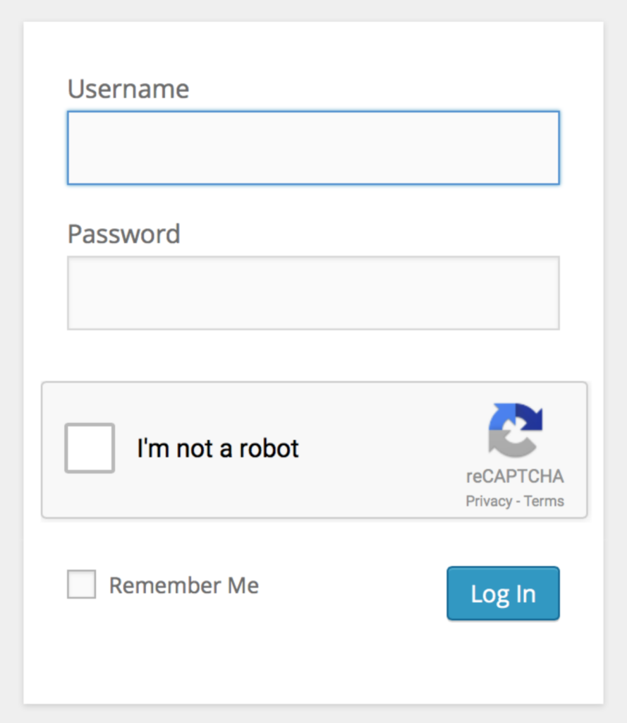WordPress login showing I'm not a robot checkbox.
