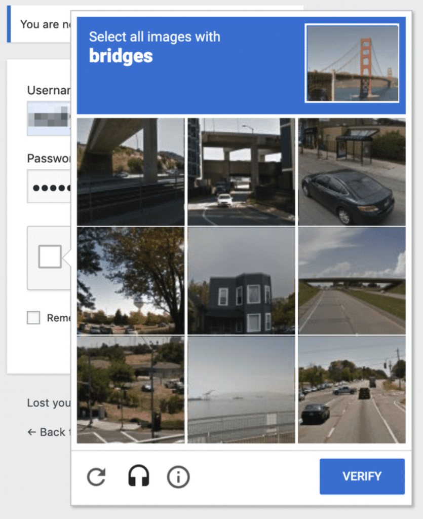 WordPress login screen showing a captcha asking the user to select all images of bridges.