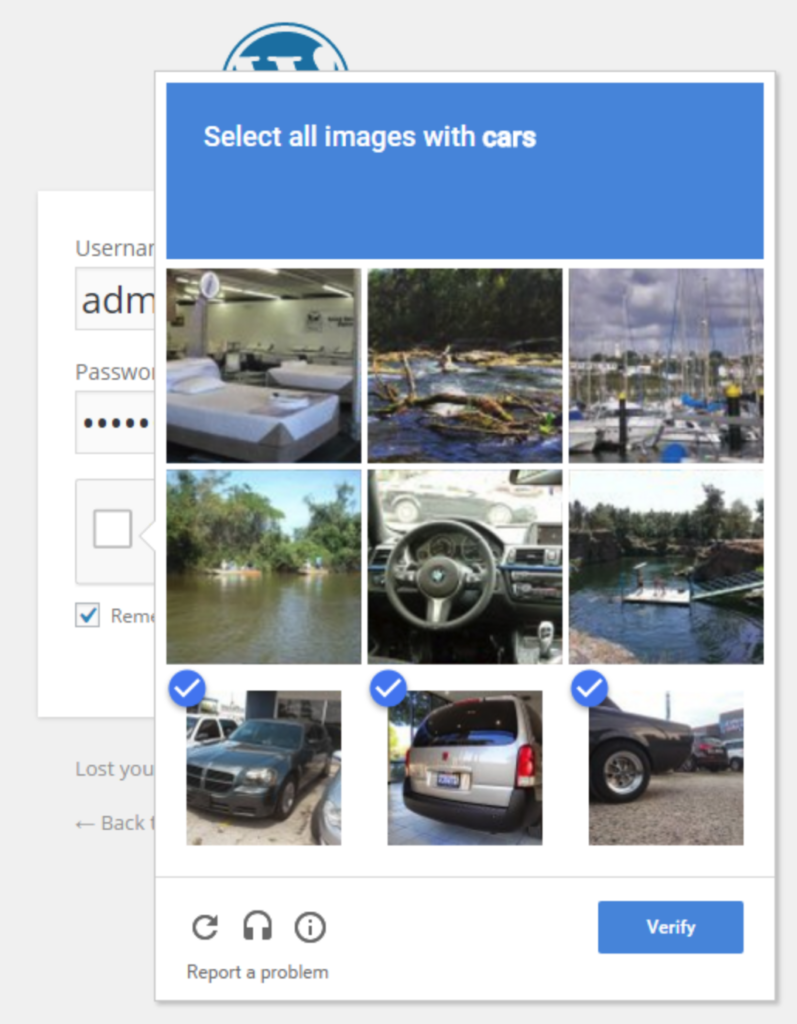 Google reCAPTCHA on WordPress login screen asking the user to select all images with cars.