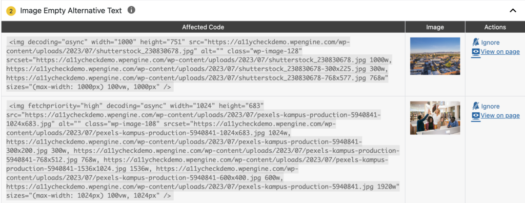 image empty alternative text error in WordPress Accessibility Checker showing a code snippet, the image, and two actions: Ignore and View on Page.