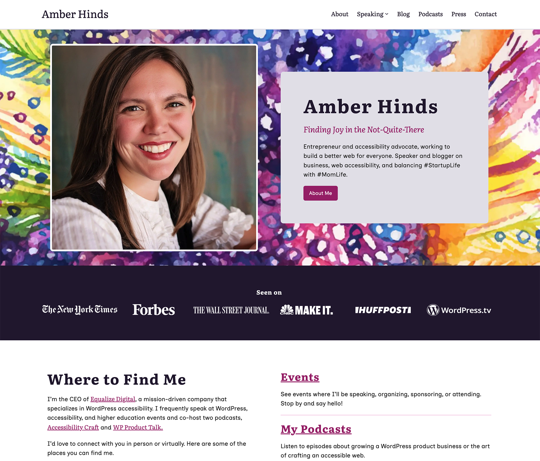 New website has Amber's name to the left and navigation menu to the right (instead of split), a similar home page hero as the old website but with no overlapping elements.