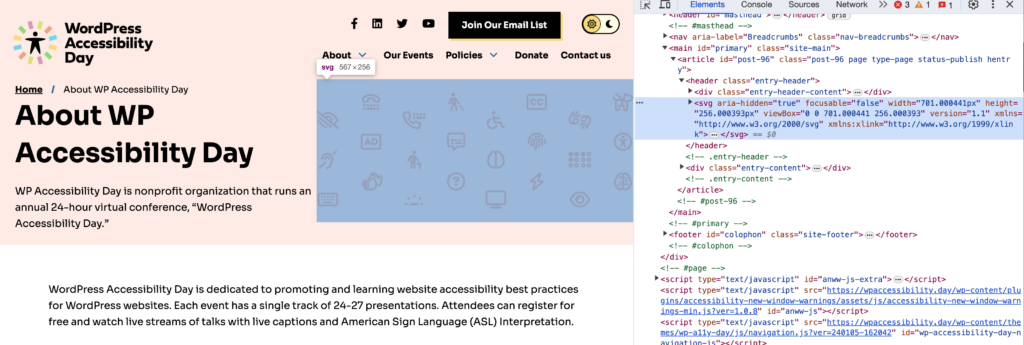 Top of the About WP Accessibility Day webpage with Chrome dev tools open and an SVG highlighted that has aria-hidden=true on it.