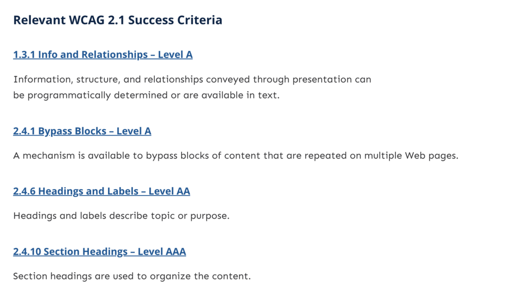 Screenshot of from the documentation showing 4 success criteria: 1.3.1 Info and Relationships, 2.4.1 Bypass Blocks, 2.4.6 Headings and Labels, 2.4.10 Section Headings.