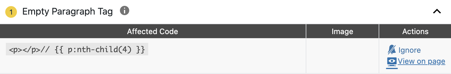 Empty Paragraph Tag warning showing a code snippet, described below image, and possible actions of ignore and view on page.