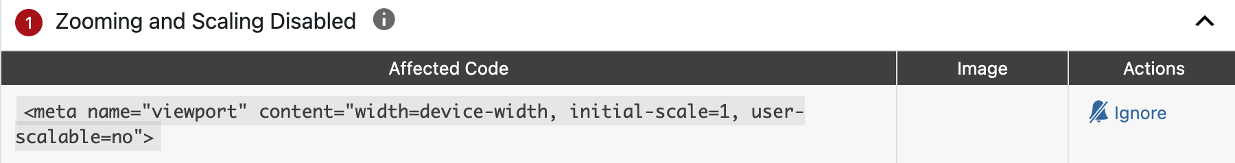 Zooming and Scaling Disabled error in Equalize Digital Accessibility Checker details tab.