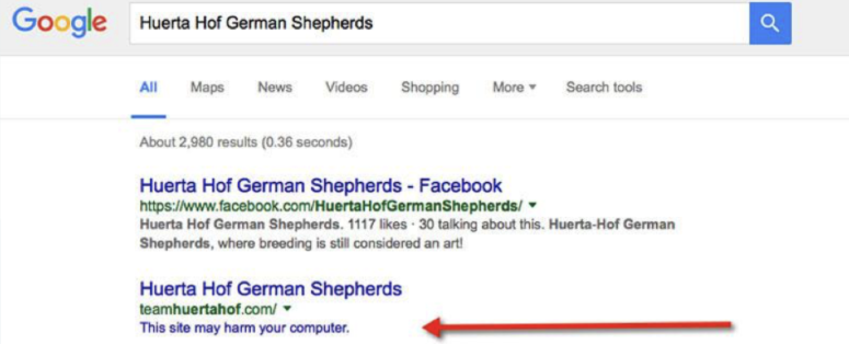 Google search barch displaying "Huerta Hof German Shepherds." Second site displays warning "This site may harm your computer."