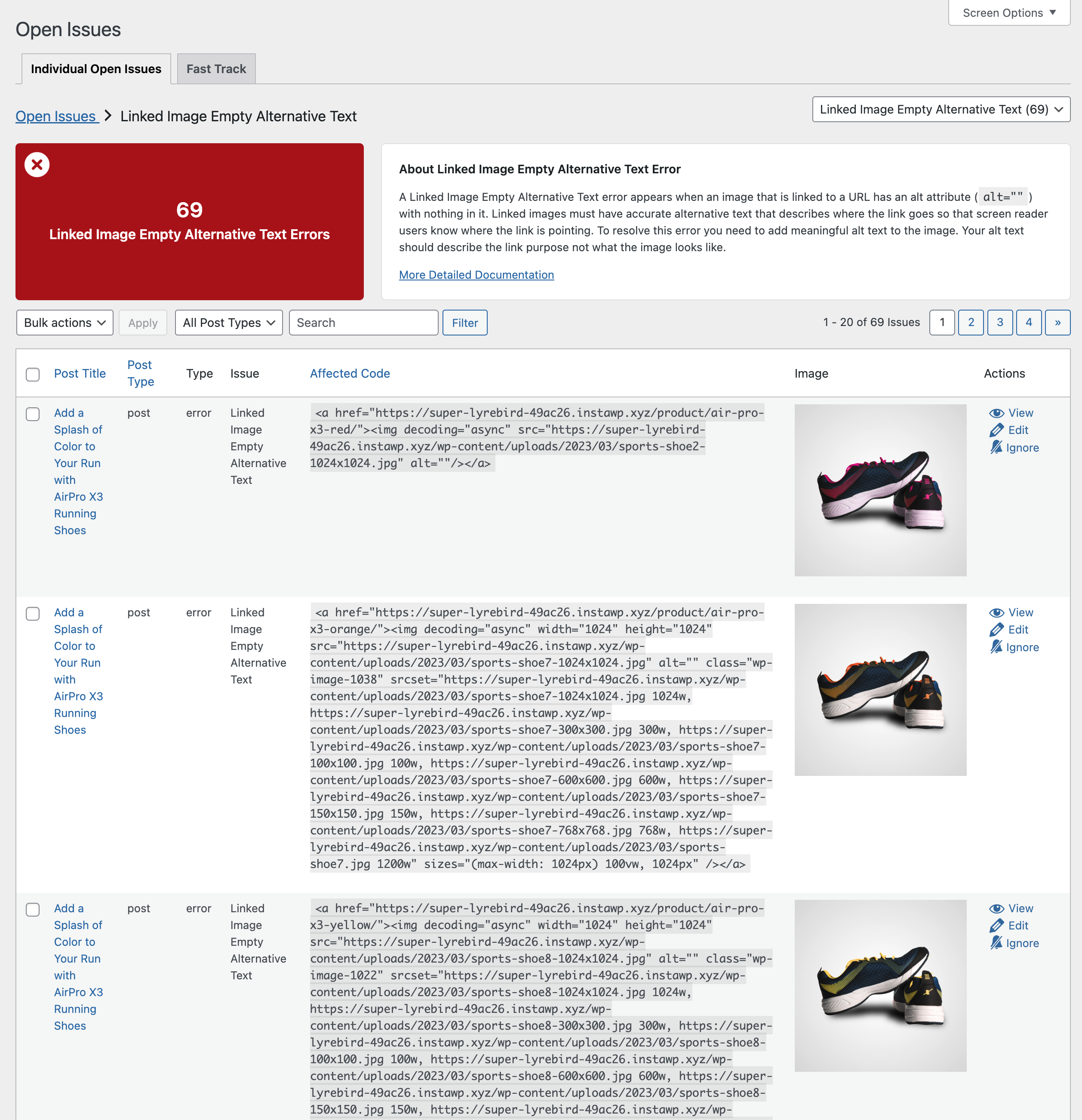 Linked Image Empty Alternative Text errors page in Accessibility Checker in the WordPress admin with 69 errors, a summary, and a table showing where the errors exist on the website.