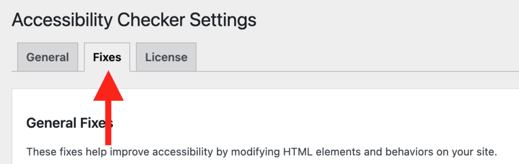 Arrow pointing to the Fixes page in the Settings tab navigation below the Accessibility Checker Settings H1.