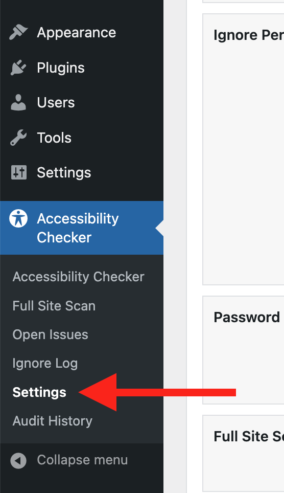 Arrow pointing to the Settings page in the WordPress admin menu, which can be found under the Accessibility Checker top-level page.