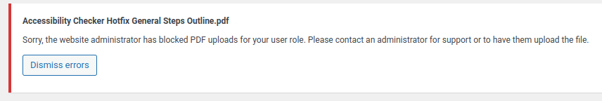 WordPress admin error message with the name of the PDF, a descriptive message, and a Dismiss Errors button.