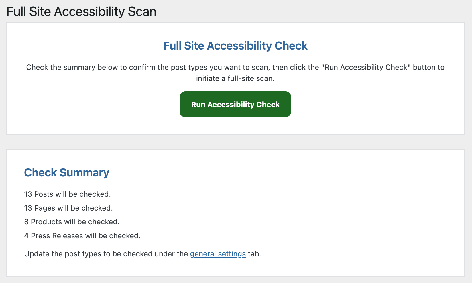 Accessibility Checker full-site scan in WordPress, showing a Check Summary that says 13 Posts, 13 Pages, 8 Products, and   4 Press Releases will be checked.