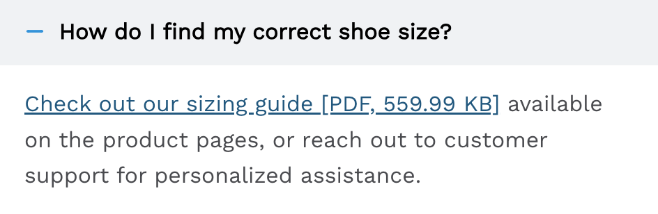 Example link about finding correct shoe size. Link text says: Check out our sizing guide [PDF, 559.99 KB] 