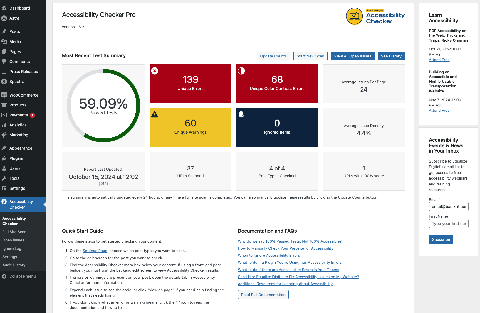 WordPress dashboard with Accessibility Checker Pro plugin. 