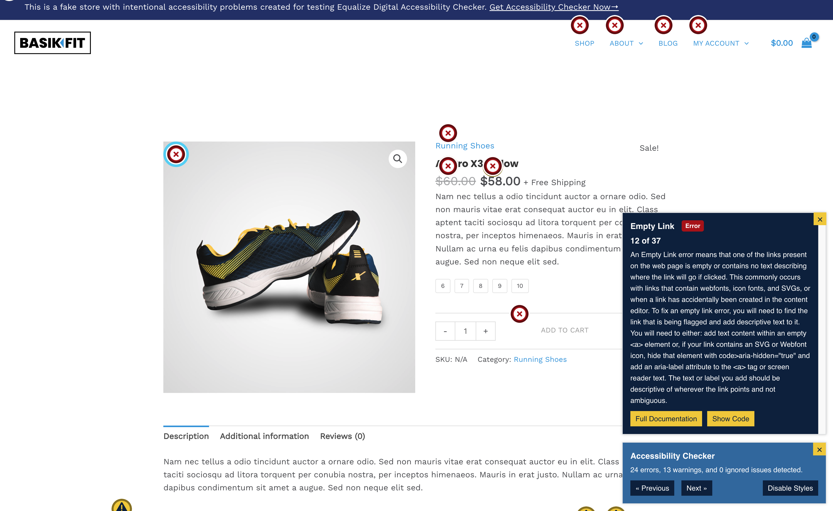 Front-end view of Accessibility Checker on a WooCommerce product page showing an empty link.