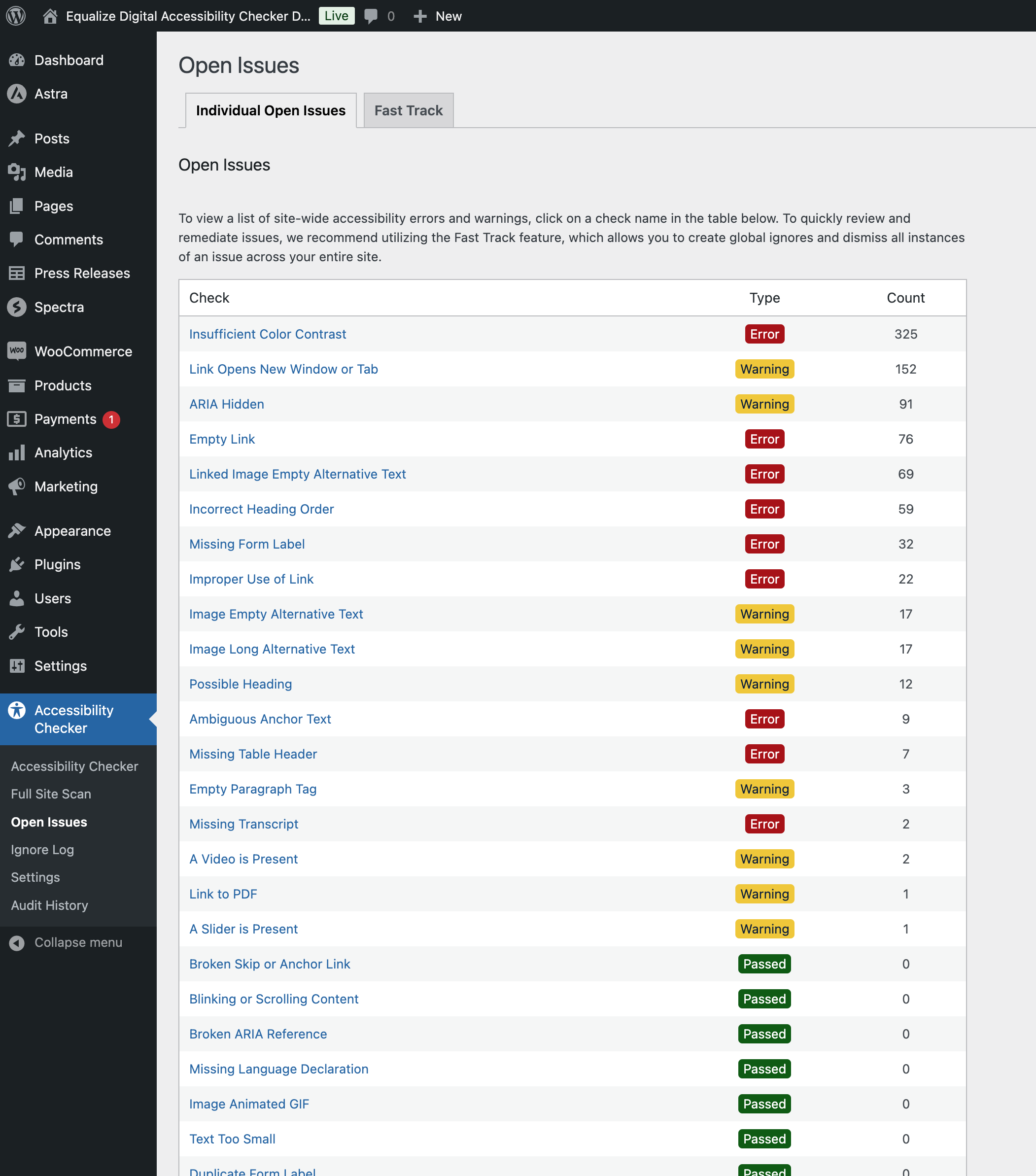 Accessibility Checker Open Issues page with a table with the columns: checks, type, and count.