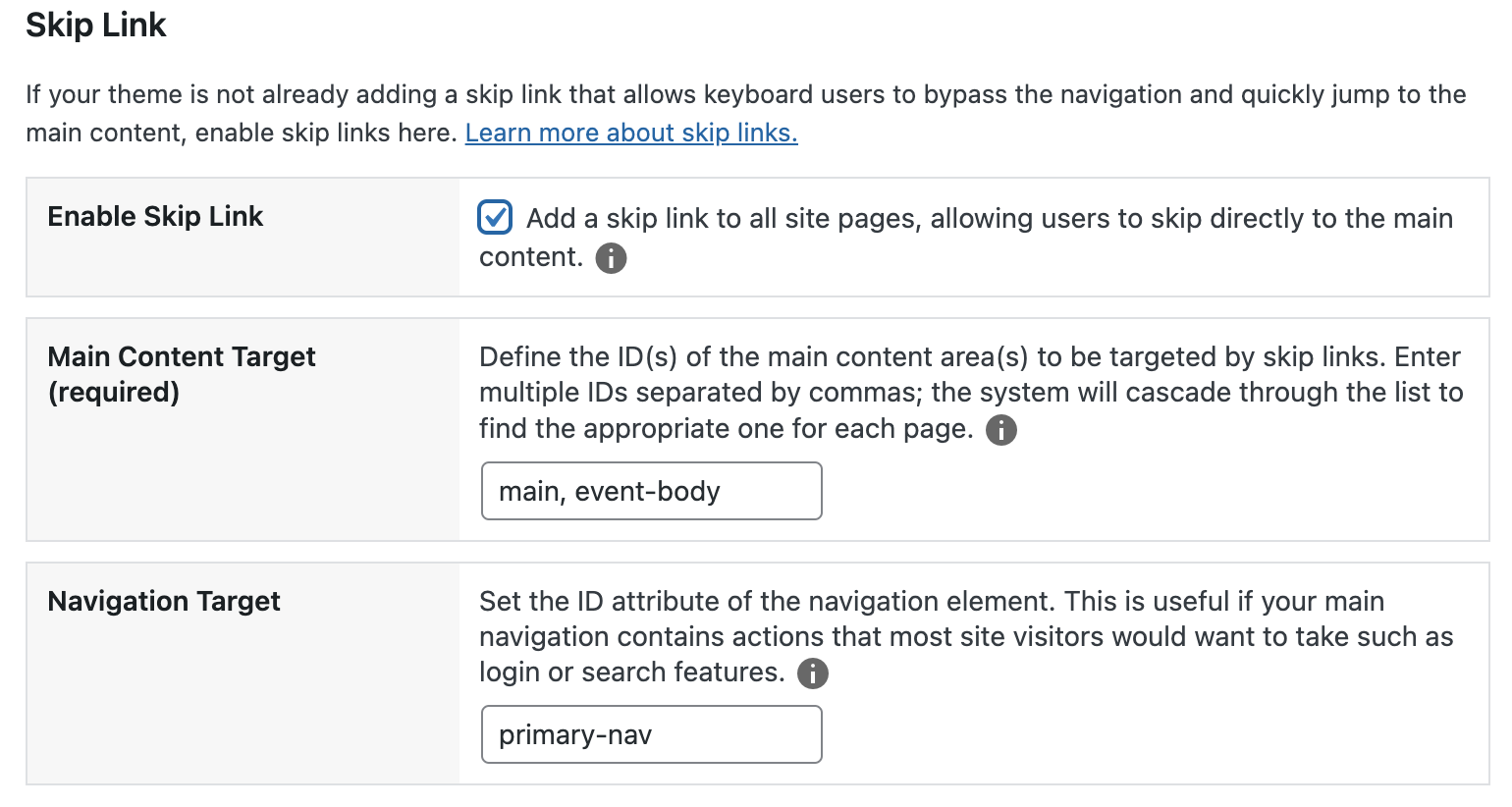 Skip link Accessibility Checker settings as described following the image.