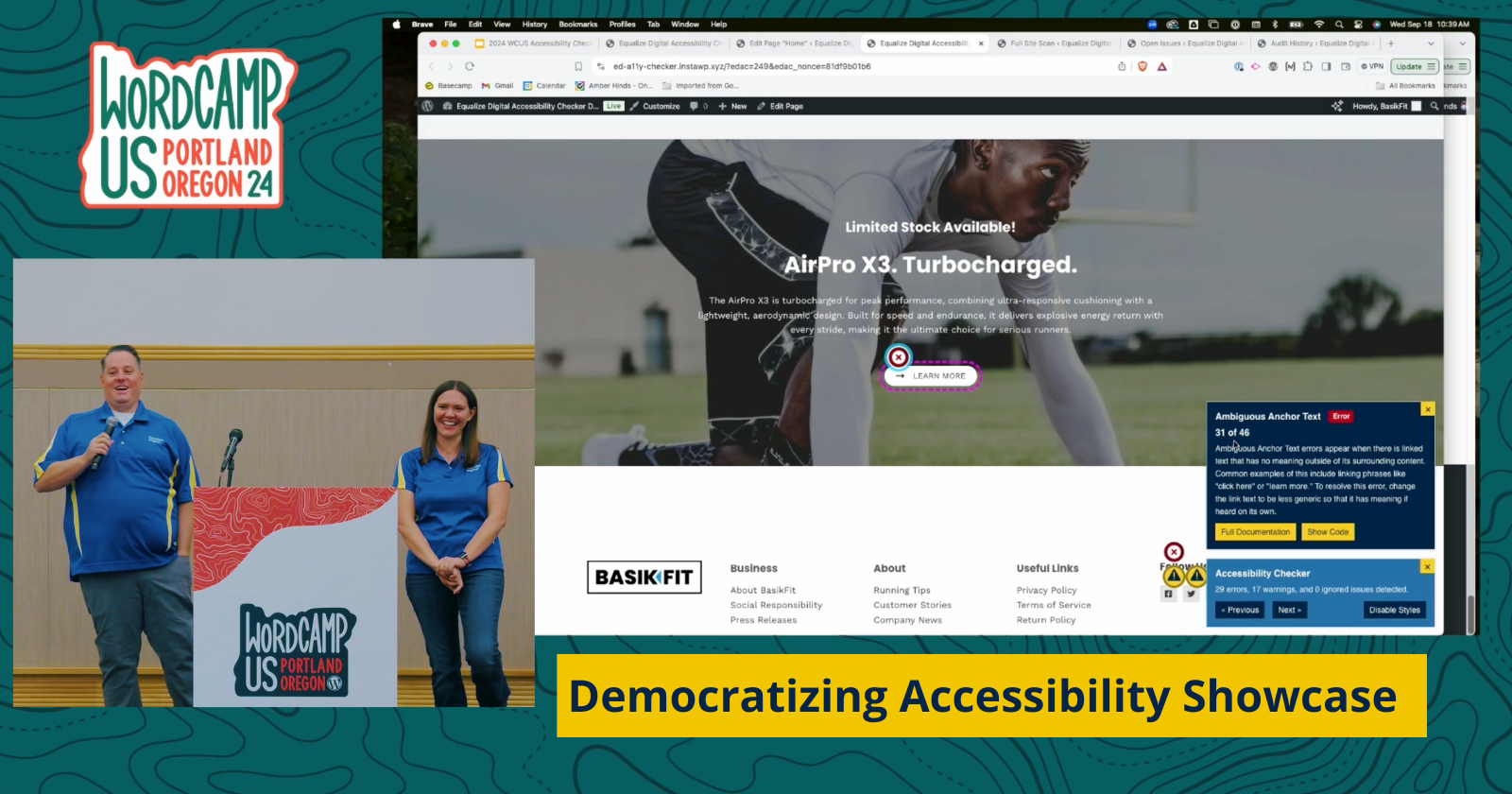 Amber Hinds and Steve Jones standing on a stage overlaid on a video showing Accessibility Checker on a website and the WordCamp US 2024 Portland logo.