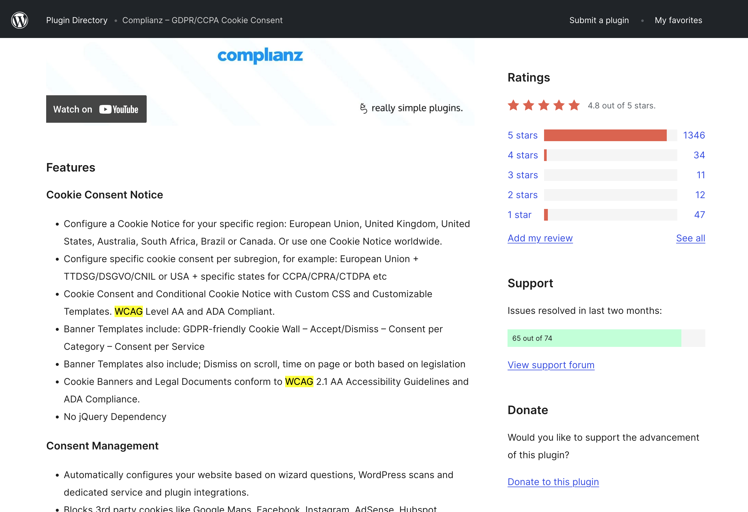 Complianz WordPress plugin page list of features for their cookie consent notice with highlights on two instances of the word WCAG.