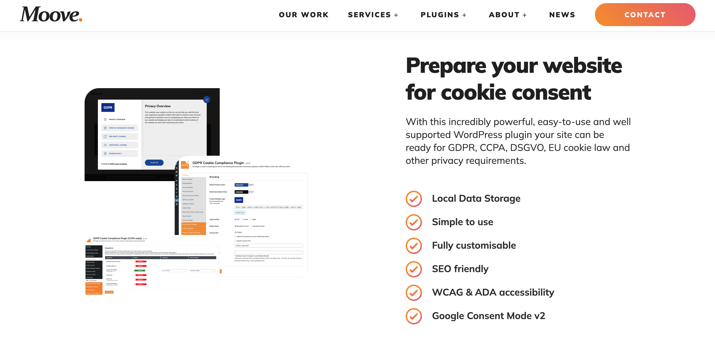 Moove home page for their GDPR Cookie Compliance plugin. There's a large heading that says Prepare your website for cookie consent underwhich a list of features is included with checkmarks. One item says "WCAG & ADA accessibility."