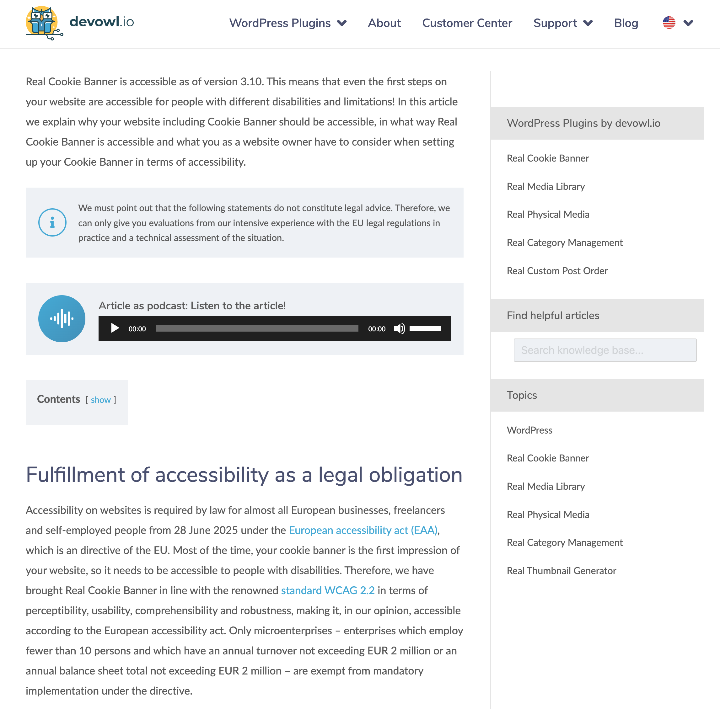 Accessibility of Real Cookie Banner knowledge base article on the Dev Owl website.
