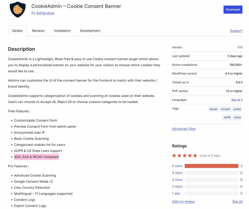 CookieAdmin WordPress plugin page list of features for their cookie consent notice with highlighted text: ADA, EAA & WCAG Compliant.