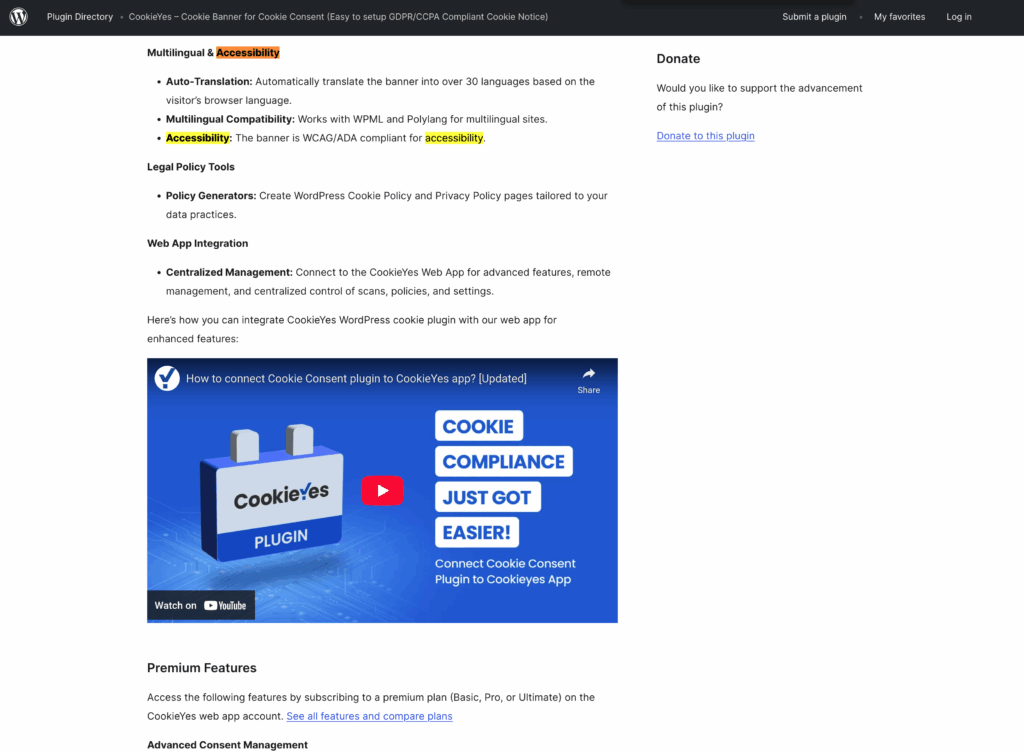 CookieYes WordPress plugin page list of features for their cookie consent notice with highlights on three instances of the word accessibility. Text preceded image.