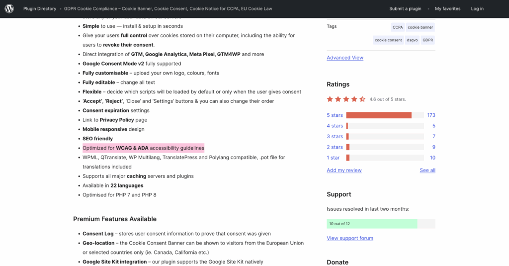 GDPR Cookie Compliance WordPress plugin page list of features for their cookie consent notice with highlighted text: Optimized for WCAG & ADA accessibility guidelines.