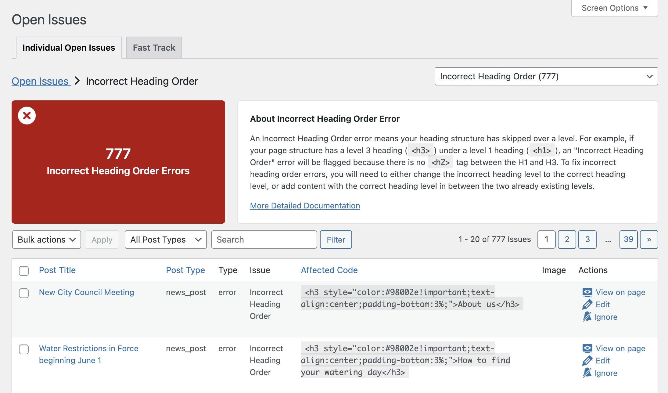 WordPress Accessibility Checker showing 777 incorrect heading order errors across an entire website.