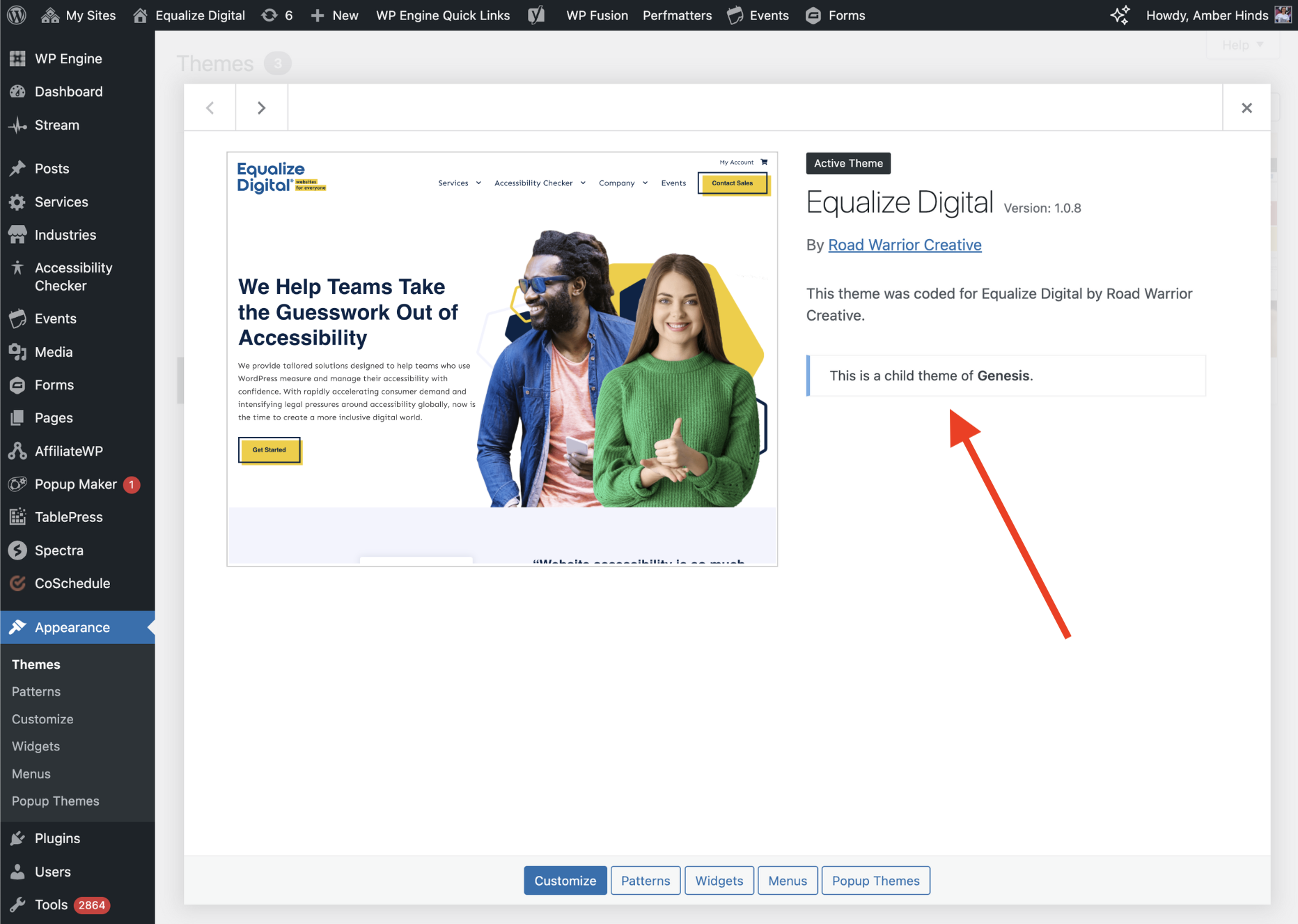 Theme inspector on the Equalize Digital website with an arrow pointing to the a banner saying the theme is a child theme of Genesis.