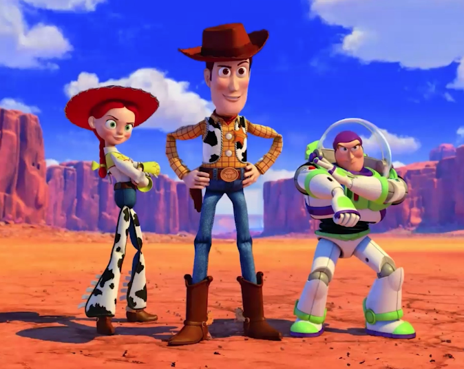 Toy Story characters. From left to right: Jessie, Woody, and Buzz Lightyear.