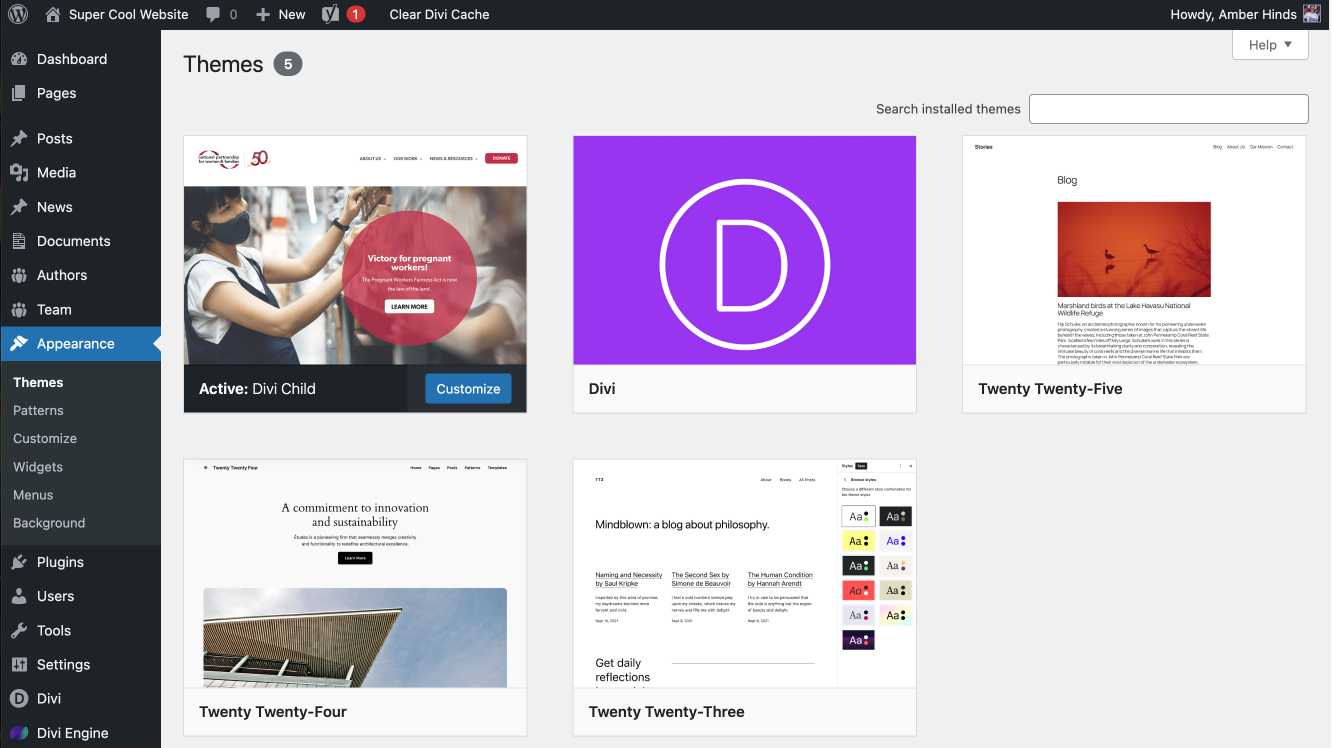 WordPress Themes page showing an active theme named Divi Child. The Divi theme, Twenty Twenty-Five, Twenty Thweny-Four, and Twenty Twenty-Tree are also installed.