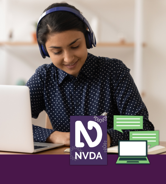 An Indian woman takes notes while listing on headphones connected to her computer and taking the NVDA screen reader testing course.