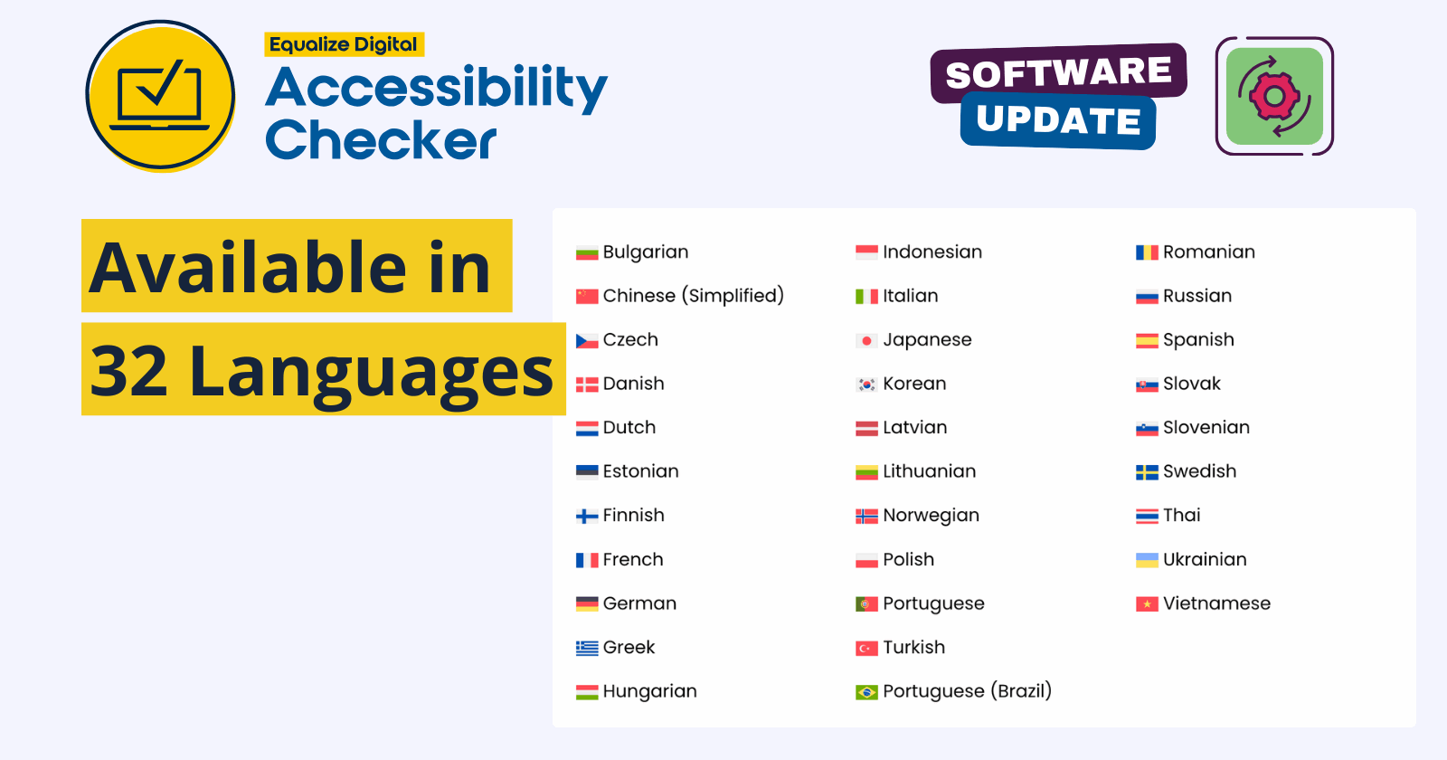 Equalize Digital Accessibility Checker software update: available in 32 languages. Languages listed in post content.