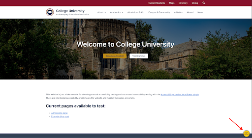 a screenshot of a website's home page with a prominent red arrow pointing to the Accessibility Checker frontend widget, a small yellow emblem showing a computer monitor with a check mark inside of it, in the bottom, right corner of the page